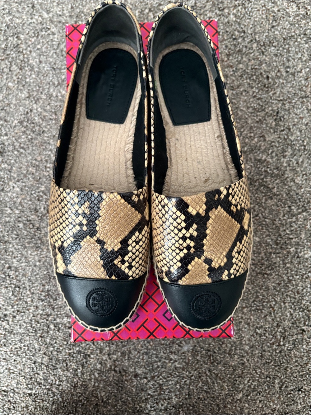 Tory Burch Snake-Print Espadrille Flats in Tan and Black